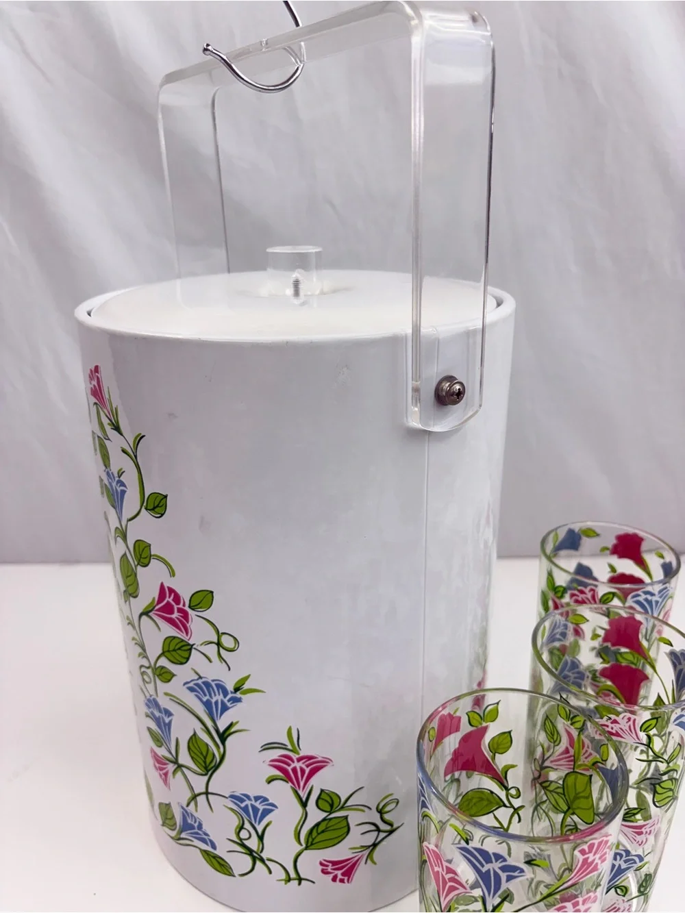 H. J. Stotter vintage acrylic 4 pc vtg floral beverage set ice bucket 3 tumblers